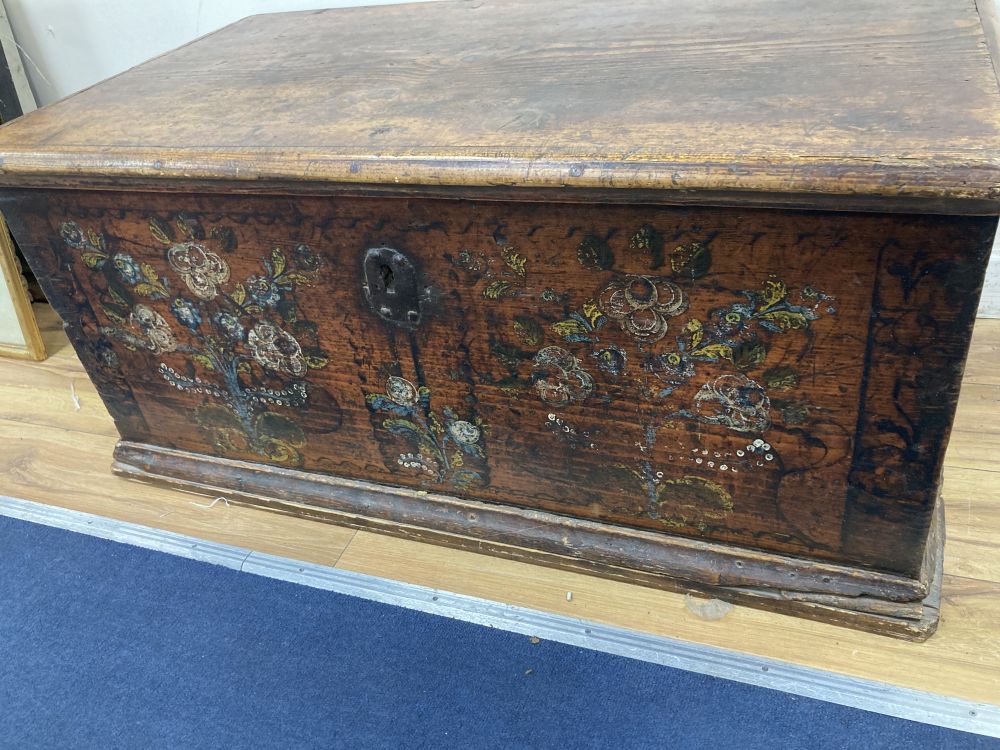 A 19th century Swiss or Austrian painted pine coffer, width 99cm, depth 55cm, height 45cm